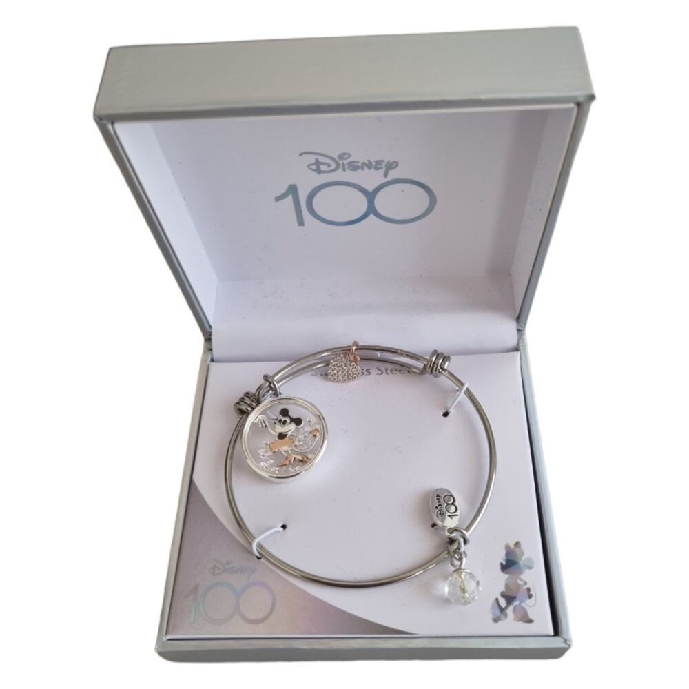 NIB Disney Parks 100th Celebration Minnie Mouse Rose Gold Charm Bracelet